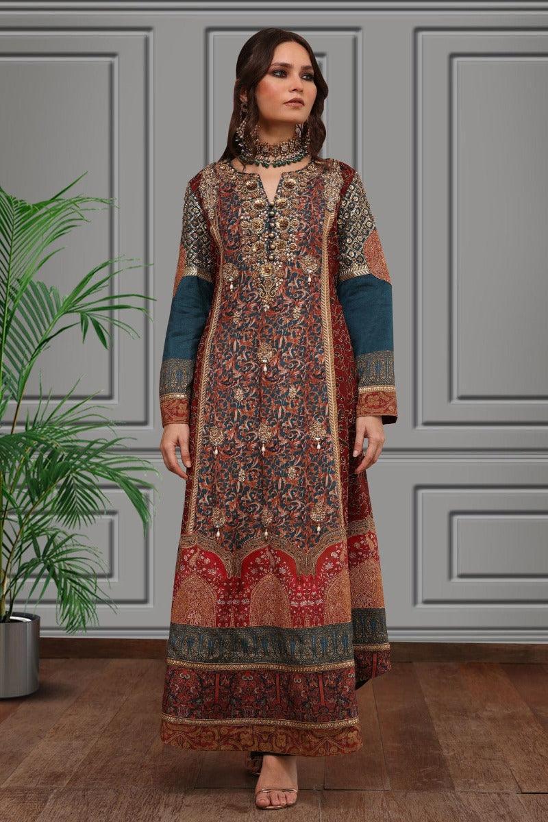 Shamaeel - Silk Embroidered Shirt with Digital Printed Stole and Straight Pants - Studio by TCS