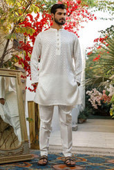 Deepak Perwani Men - White Raw Wilk Embroidered Kurta Pajama - MOF1866 - 2 Piece