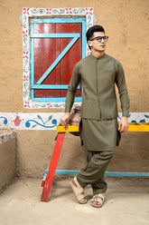 Arif Ashraf - Army Green Kurta Shalwar with Waistcoat