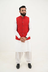 AlifYay White Kurta Shalwar & Red Waistcoat - AY-030 - Blended - 3 Piece