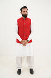AlifYay White Kurta Shalwar & Red Waistcoat - AY-030 - Blended - 3 Piece