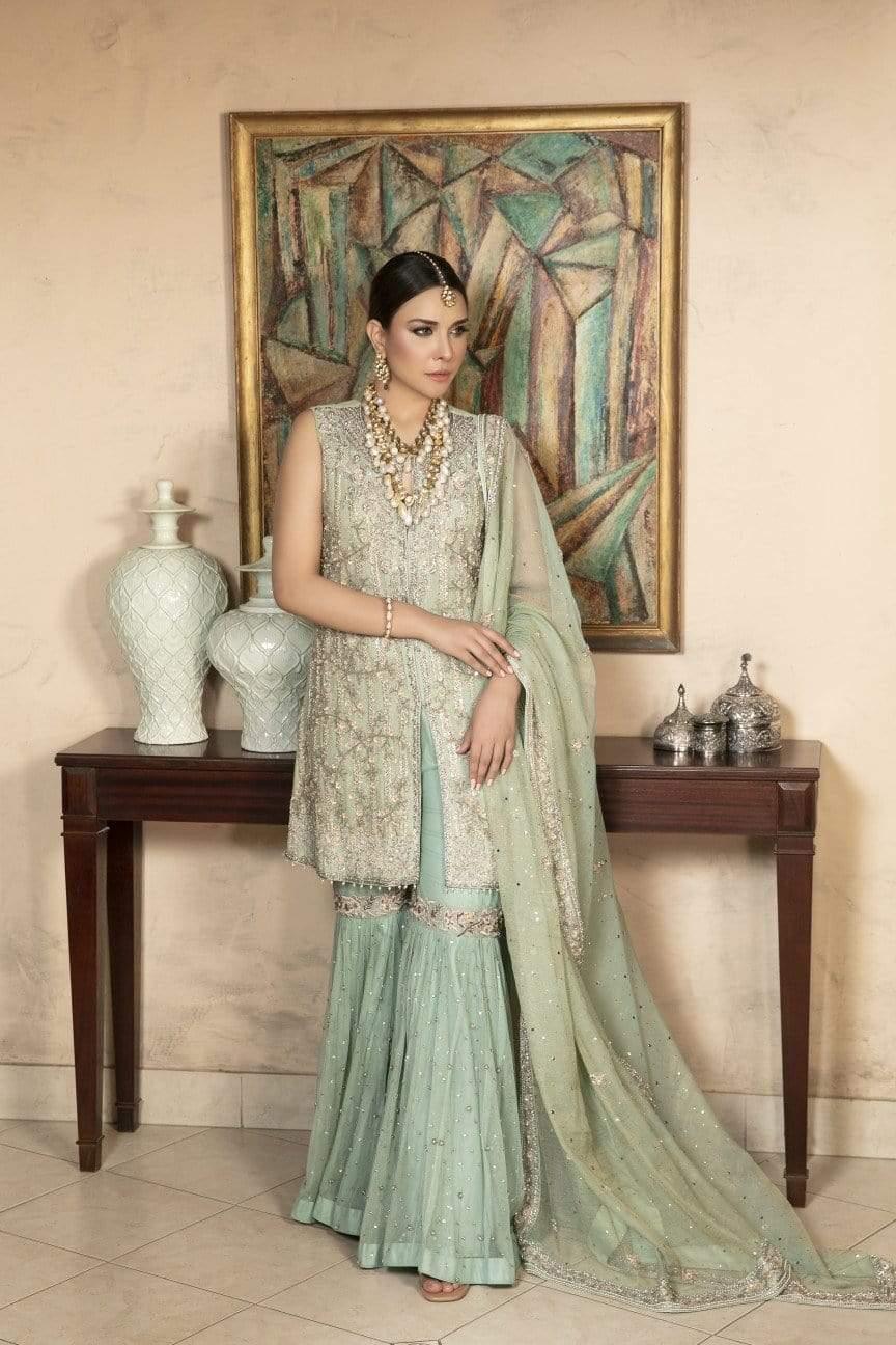 Yasmin Zaman - Mint Blue Zari Net Shirt and Dupatta with Net Lehnga - B-227
