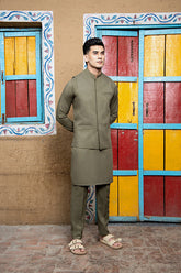Arif Ashraf - Army Green Kurta Trouser with Waistcoat