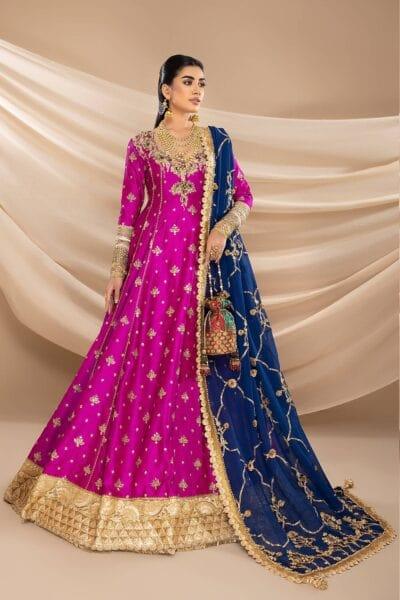 Nilofer Shahid - Indian Raw Silk Embellished Peshwas with Pure Chiffon Persian Blue Dupatta - 2 Piece - Studio by TCS