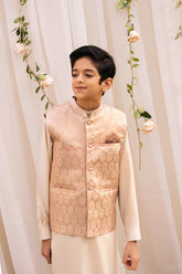 Hummingbirds - Rose Gold Jamawar Silk Waistcoat For Boy