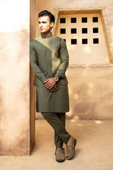Shahjahan - Army Green Kurta Trouser With Waistcoat - 3 Piece