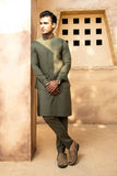 Shahjahan - Army Green Kurta Trouser With Waistcoat - 3 Piece