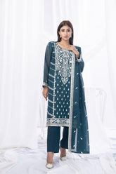 Sadia Aamir - Sabaat - Teal - Khaddi Net - 3 Piece
