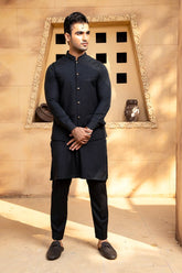 Shahjahan - Boski Black Kurta Trouser With Waistcoat - 3 Piece