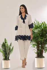 Rizwan Beyg - Runa Blue Short Kurti - Irish Linen - White & Blue - 1 Piece