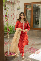 Omal by Komal - RONAQ (Shirt & Dupatta) - Red - Cotton & Maysuri - 2 Piece