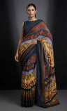 Maheen Khan - Ikat Print Blended Chiffon Sari For Women - Maroon/Ochre/Grey - 1 Piece