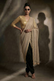 Maheen Khan - Drawstring Blended Chiffon V Neck Blouse For Women - Gold - 1 Piece