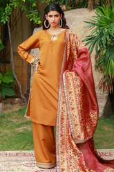 Huma Adnan - Sabeen - Jamawar - Mustard - 3 Piece