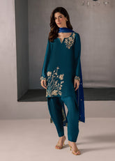 Allure By Ih - Flow Tussel Silk Suit For Women - Teal - 3 Piece