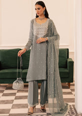 Allure By Ih - Wild Cloud Thai Silk Suit For Women - Ash Grey - 3 Piece