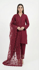 Reema Ahsan - Ailsa Cora Cotton Suit For Women - Maroon - 3 Piece
