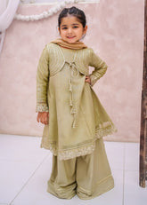 Modest - Maysuri Embroidered Gharara For Girl - Olive Green - 3 Piece