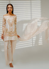 Shahid Chuhan - Auric Aura Silk Suit For Women - Beige / Nude