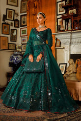 Arif Ashraf - Hara Rang - Lehnga - Bottle Green - Raw Silk & Organza - 3 Piece