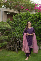 Omal by Komal - ZIMAL - Purple - Loom Net & Javeria Net - 3 Piece