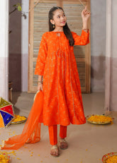 Modest - Printed Cotton Suit For Girl - Orange - 3 Piece