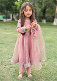 Modest - Tissue Embroidered Frock For Girl - Pink - 3 Piece
