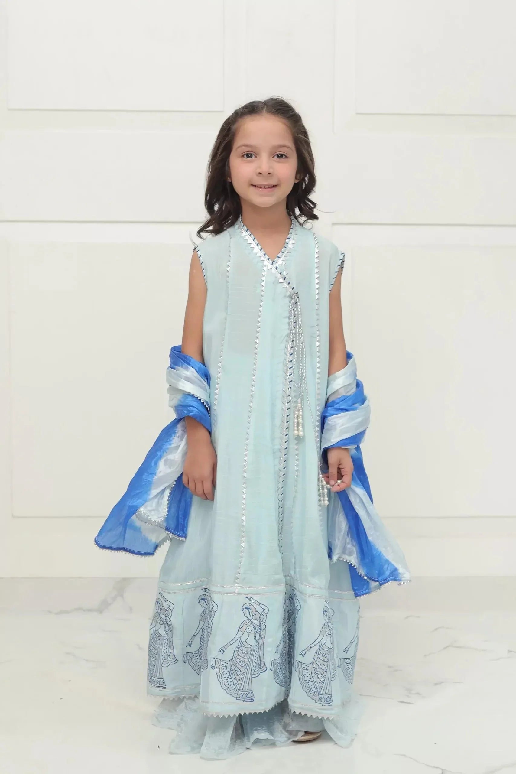 Shehrnaz - SHKK-982 - Light Blue - Block Print - Angarkha - 3 Piece - Studio by TCS
