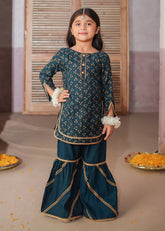 Modest - Rawsilk Printed Gharara Suit For Girl - Green - 3 Piece