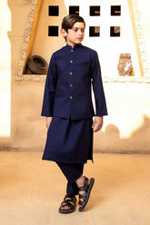 Shahjahan - Navy Blue Kurta Trouser With Waistcoat - 3 Piece