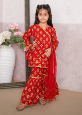 Modest - Rawsilk Printed Gharara Suit For Girl - Red - 3 Piece
