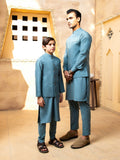 Shahjahan - Pacific Blue Kurta Trouser With Waistcoat - 3 Piece