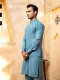 Shahjahan - Pacific Blue Kurta Trouser With Waistcoat - 3 Piece