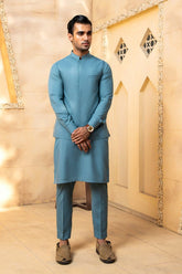 Shahjahan - Pacific Blue Kurta Trouser With Waistcoat - 3 Piece