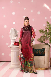 Musferah Saad - Crimson Monsoon Printed Silk Kaftaan For Women - 2 piece