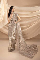 Nilofer Shahid - Metallic Grey & Silver Embellished Tissue Blouse with Tissue Saree - 2 Piece - Studio by TCS