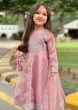 Modest - Tissue Embroidered Frock For Girl - Pink - 3 Piece