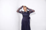Syah - Organza Puffed Sleeves Dress - Navy Blue - Silk - 1 Piece