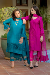 Salahuddin Pasha - Silk, Organza Suit For Women - Raspberry - 3 Piece