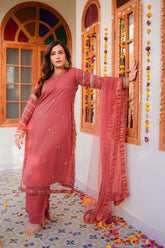 Omal by Komal - SOHA Suit - Carrot pink - Net & Raw Silk - 3 Piece