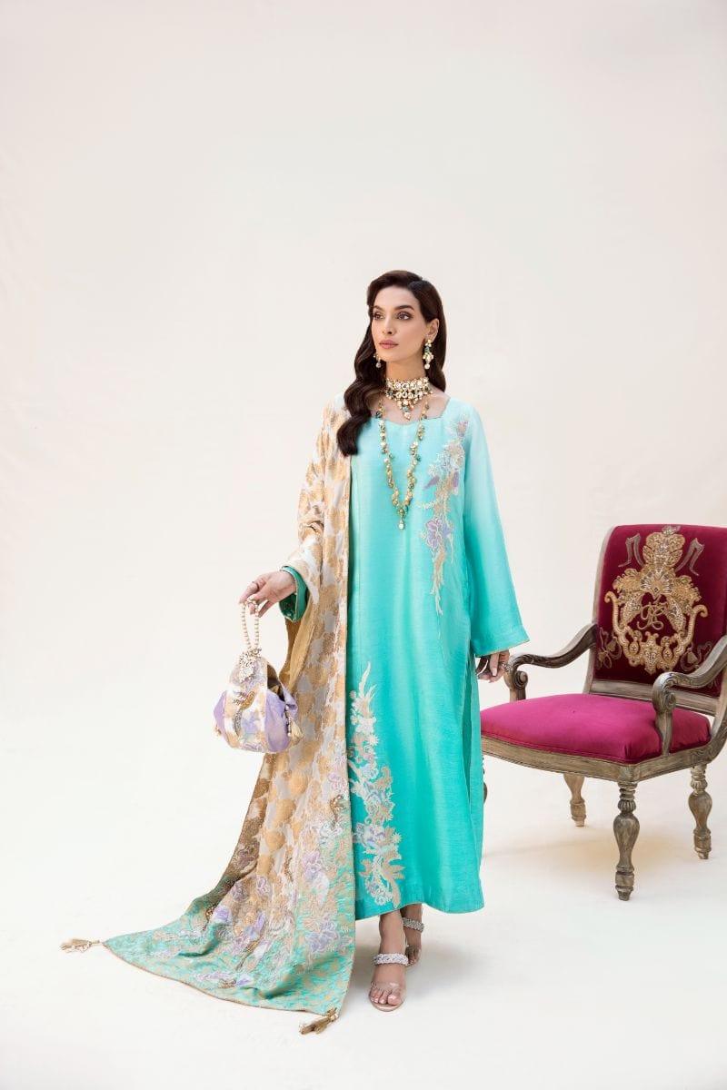 Nilofer Shahid - Aqua Korean Silk Shirt & Pants with Pure Khimkhaab Shawl - 3 Piece - Studio by TCS