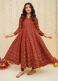 Modest - Rawsilk Printed Frock For Girl - Maroon - 3 Piece