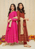 Modest - Rawsilk Printed Frock For Girl - Maroon - 3 Piece
