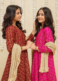 Modest - Rawsilk Printed Frock For Girl - Maroon - 3 Piece