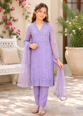 Modest Embroidered Crinkle Suit Purple 3 Piece