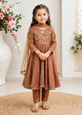 Modest Cotton Lawn Embroidered Frock Brown 3 Piece