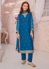 Modest - Crinkle Embroidered Suit For Girl - Blue - 3 Piece