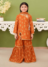 Modest - Printed Mustard Linen Gharara - Girls 3 Piece Suit