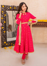 Modest - Pink Rawsilk Printed Frock For Girl - 3 Piece