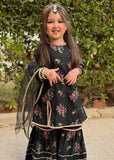 Modest - Printed Rawsilk Dress For Girl - Black - 3 Piece